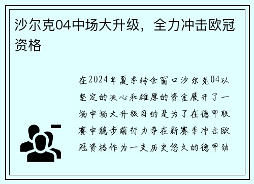 沙尔克04中场大升级，全力冲击欧冠资格